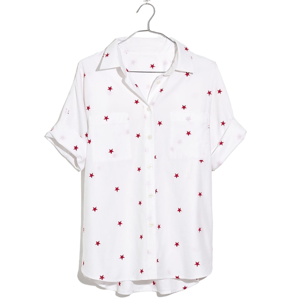 Madewell Star Embroidered Courier Short Sleeve Button Down Shirt White Large